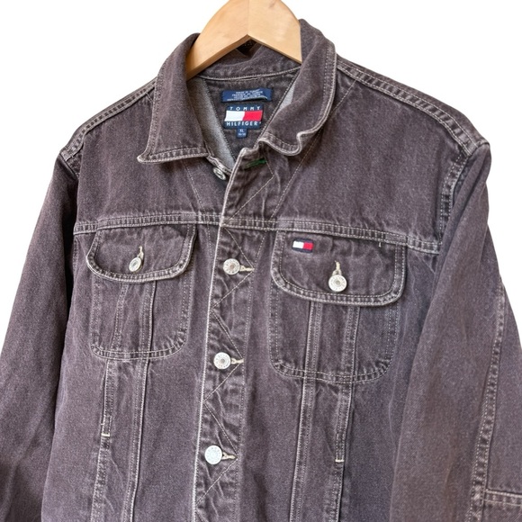 VTG 90’s Tommy Hilfiger Black Wash Denim Jacket Flag Front Detail XL 2000s Y2K - Picture 1 of 10